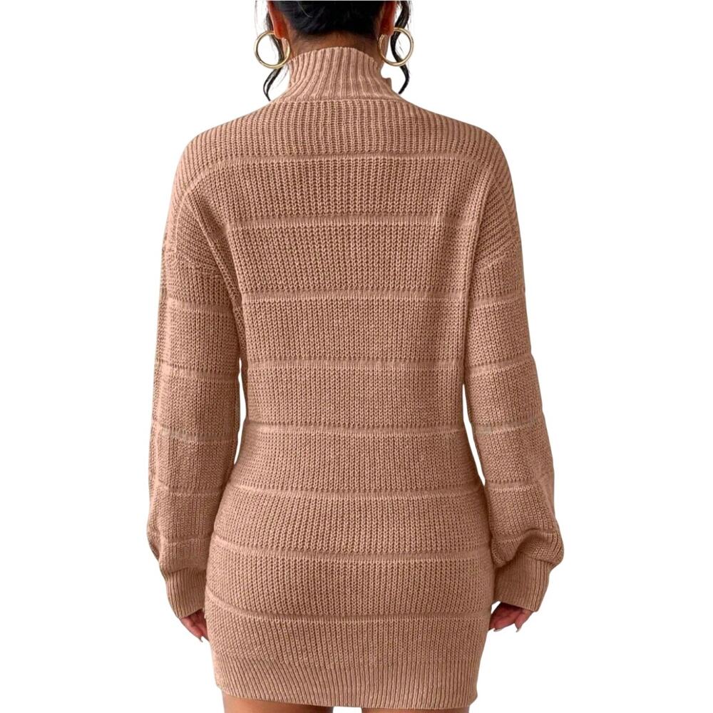Ribbed Knit High Neck Sweater Dress Drop Shoulder Mini Cozy Minimalist Chic M - Picture 2 of 10